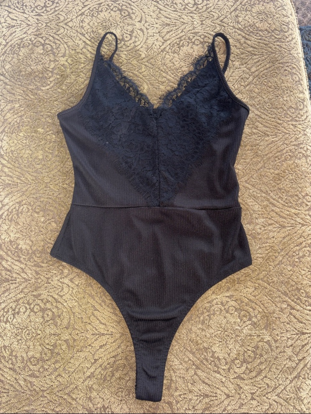 Polly & Esther Black Lace Trim Ribbed Bodysuit